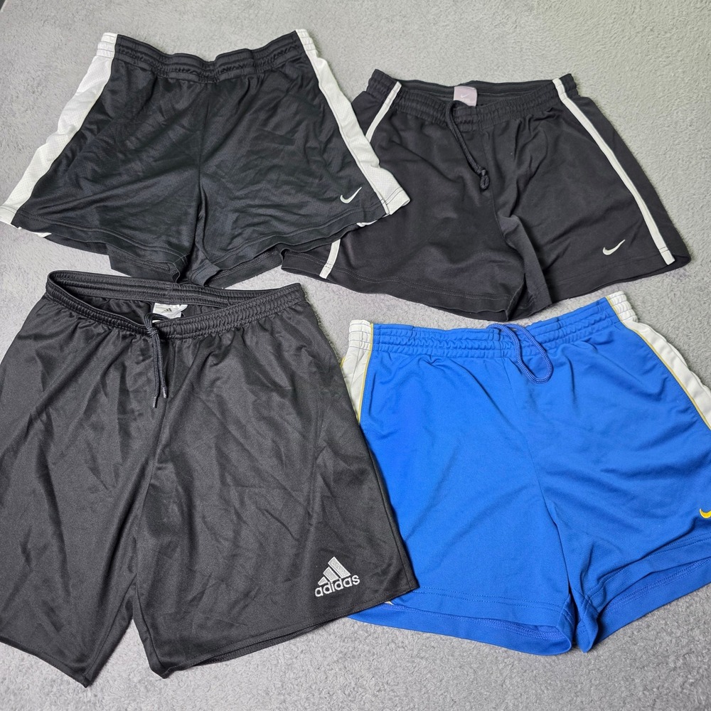 Nike Adidas Womens Medium Athletic Shorts Lot 4 Black Blue Soccer Running Gym
